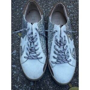 Shu Shop Paula Silver Glitter Star Sneakers White Brown Distressed Womens 7.5 38